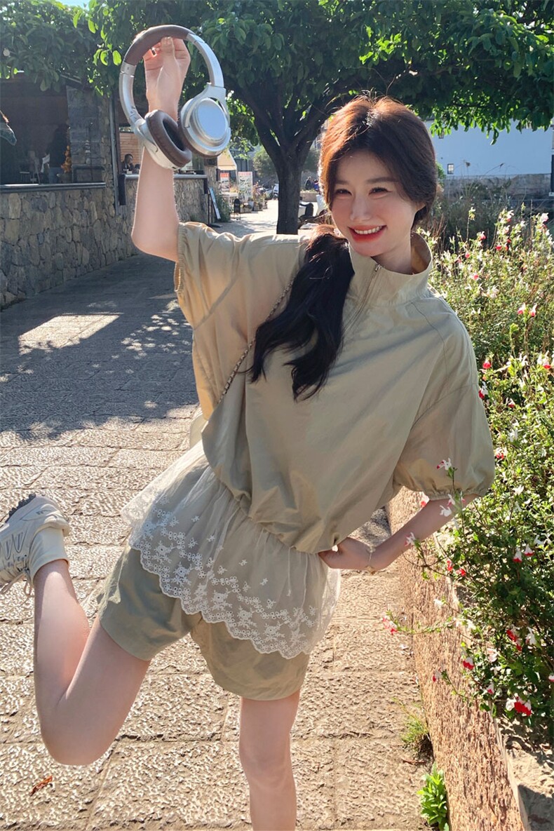 休闲运动工装蕾丝短袖卫衣短裤套装女夏季小个子两件套爆款高级感,女装套装/套裙,2D143
