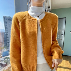 女士秋季新款时尚简约百搭宽松短款拉链羊毛开衫图片