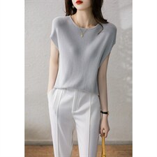 丝光棉圆领上衣小衫藏肉落肩针织套衫，女装针织衫/毛衣，美吧服饰