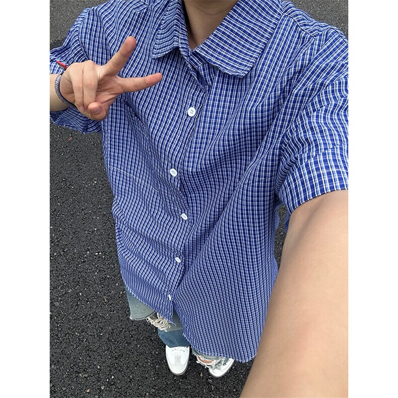 格子衬衫春夏美式短袖衬衫港风情侣装休闲衬衣CS286-P30,男装衬衫,星座301C-5