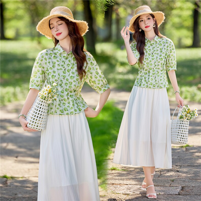 高级感时尚套装裙女春夏短袖绿花衬衫减龄半身裙两件套，女装套装/套裙，水衣源