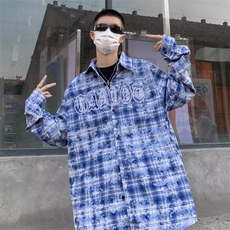 春秋美式高街字母刺绣格子衬衫男长袖潮牌宽松休闲衬衣HS138-P42，男装衬衫，星座1008
