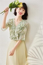 1099#绿色、蓝色，M-XXL，花雪纺衬衣，高品质。，其它，束索