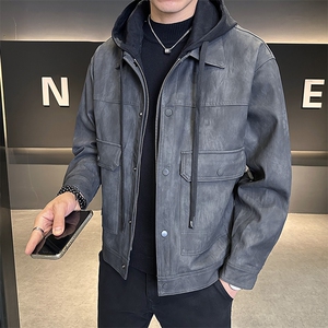 假两件皮衣男连帽可拆卸款高级感皮夹克外套男C317-6662-P160图片