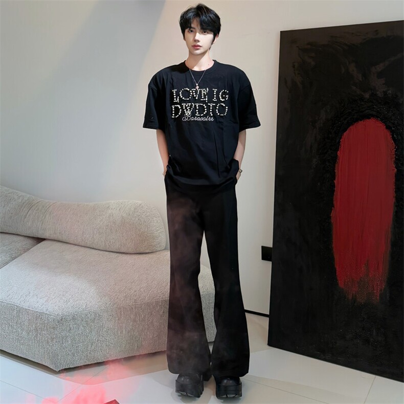 （）T恤男夏季宽松短袖潮全钉珠黑色5065-P45(裤子2611）,男装T恤,星座910-5