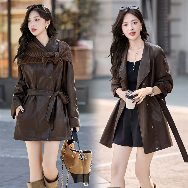 复古酷飒御姐风PU皮衣外套女2025秋季新款中长款时髦洋气系带风衣，女装皮衣，流量+