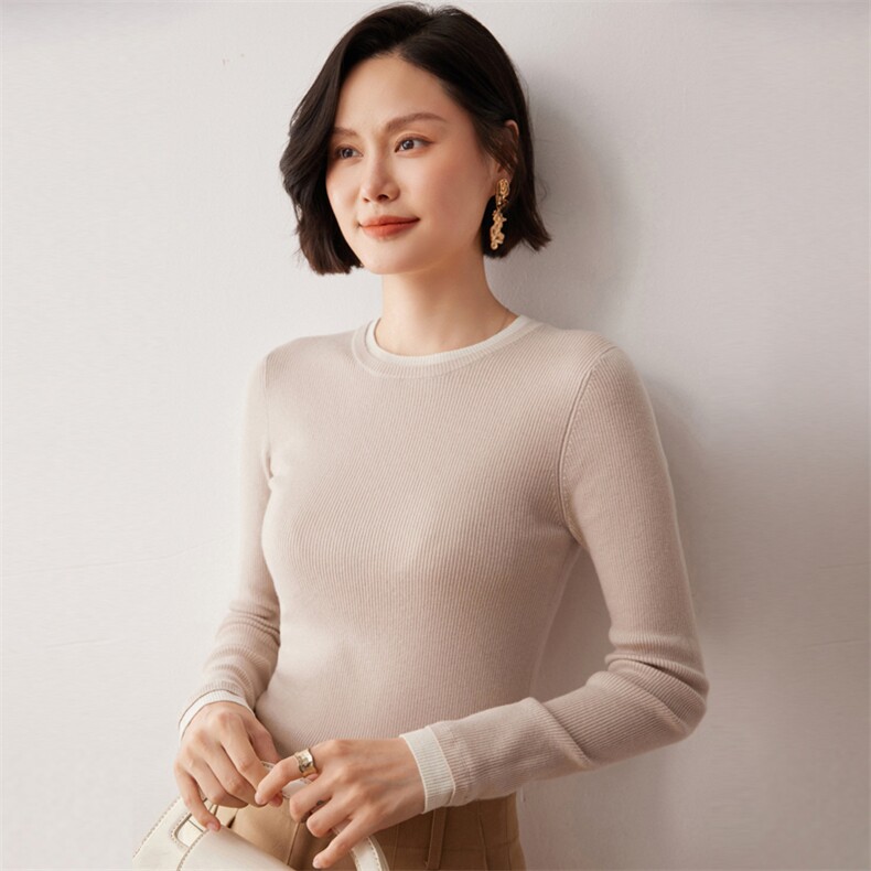 秋冬新款洋气时尚百搭显瘦女款圆领35%山羊绒衫,女装羊绒衫,艾巧羊绒