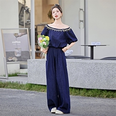 夏季薄款松弛感气质一字肩牛仔套装女超好看高腰显瘦拖地裤两件套，女装套装/套裙，微微衣阁