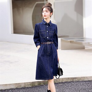 时尚显瘦牛仔连衣裙女长袖气质修身百搭新款春装裙子，女装连衣裙，秋水欣儿
