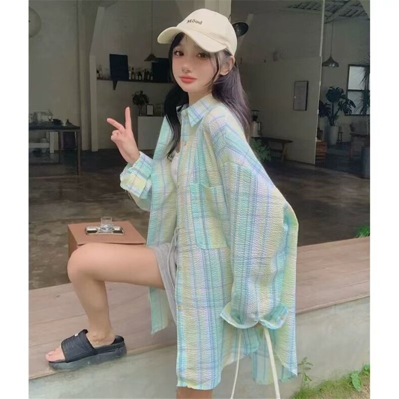 小清新薄荷绿polo领格子衬衫女2025春秋新款幂式穿搭长袖衬衣外套,男装衬衫,星座506A