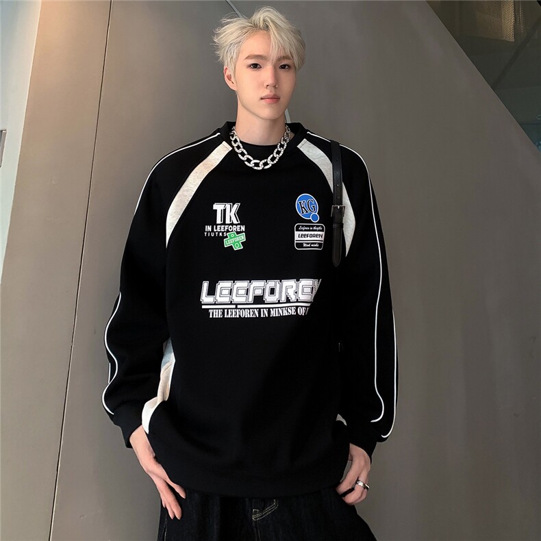 拼接撞色圆领卫衣男春秋款美式宽松套头帽衫W82-P58,男装卫衣,电商C307