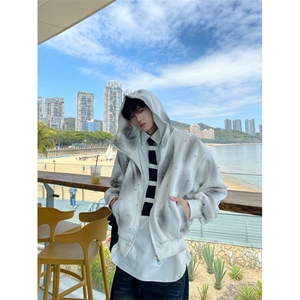 JY238-P58 美式高街复古扎染珍珠点缀喷绘连帽卫衣男女图片