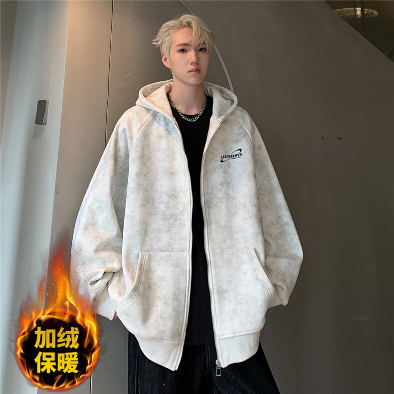 现货美式复古脏脏款卫衣开衫情侣秋冬季加绒连帽休闲外套JK092,男装卫衣,电商C307
