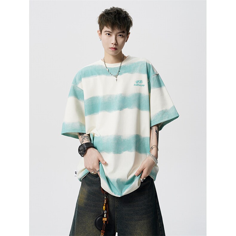 8XL-M 高品质纯棉扎染条纹短袖T恤男宽松美式复古半袖情侣DX339图片