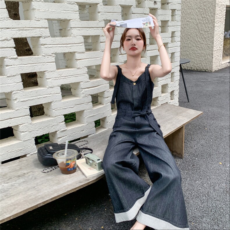 韩系休闲牛仔背带裤女2025夏季淡人高级感宽松显瘦气质阔腿连体裤,女装套装/套裙,2C239