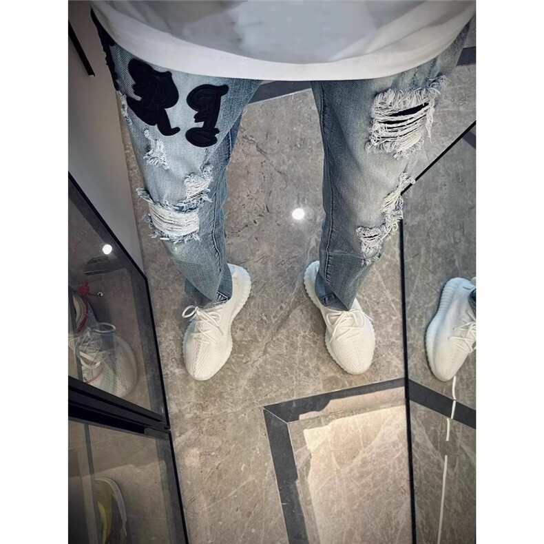 高街贴标刺绣破洞牛仔裤男装同款学搭潮流NTG77,男装牛仔裤,星座208-5