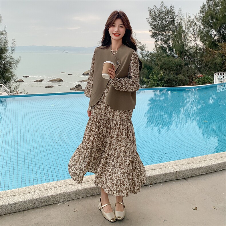 法式复古碎花连衣裙套装女2025春季新款轻熟风马甲长裙气质两件套,女装套装/套裙,2C053