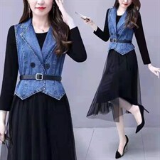 【现货】秋装新款两件套连衣裙牛仔马甲?纱裙，女装连衣裙，萱萱家