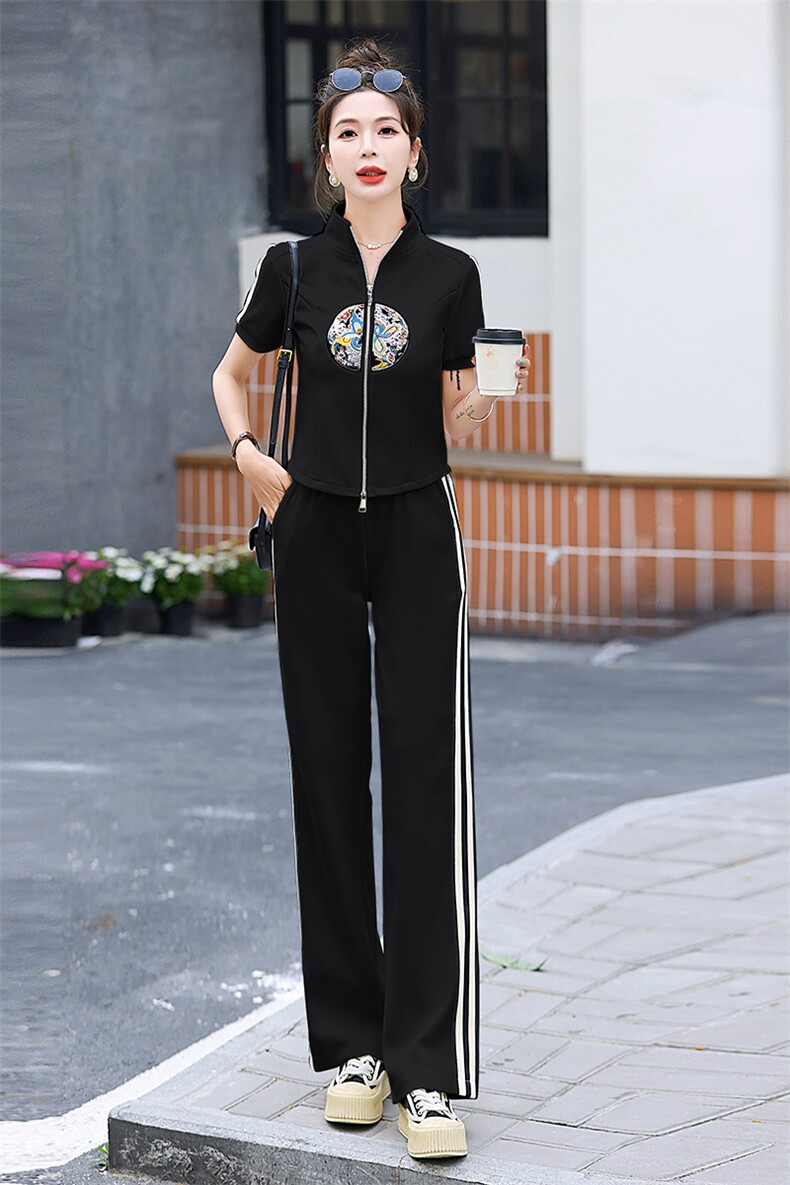 新中式刺绣两件套女2024夏季新款时尚气质百搭显瘦阔腿裤休闲套装,女装套装/套裙,梦依杭