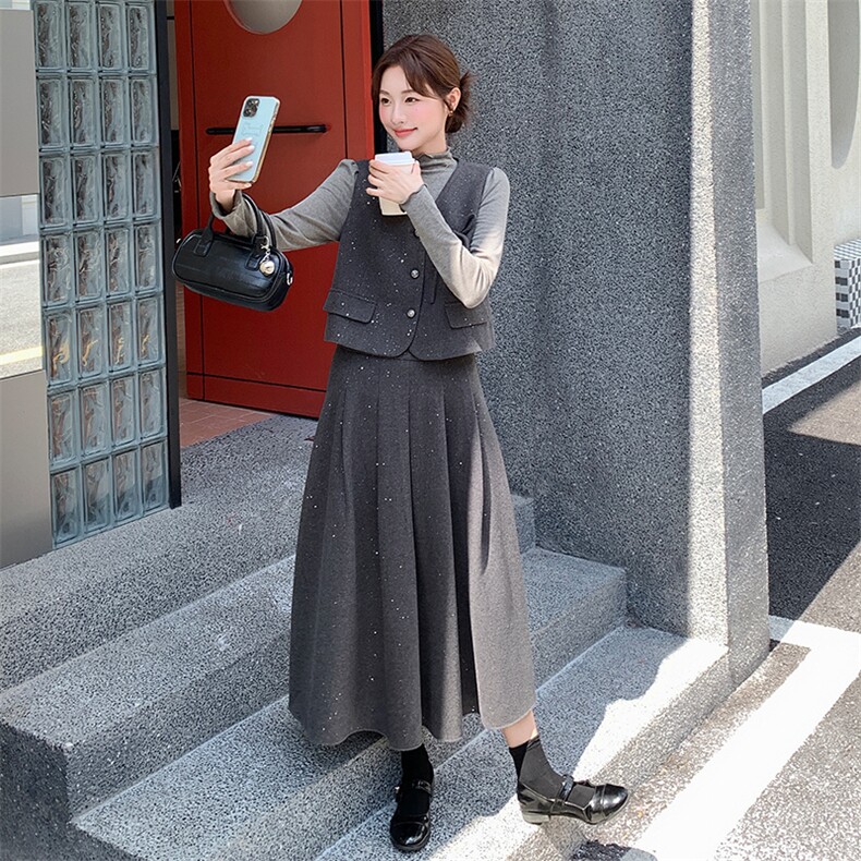 含绵羊毛小香风亮片钻扣套装女2025秋冬新款马甲无袖外套半身裙,女装套装/套裙,纯色衣恋
