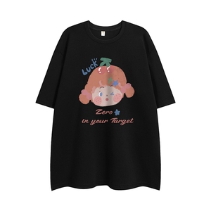 白底 夏季百搭宽松卡通印花时尚圆领纯棉短袖T恤T61114P25控38图片
