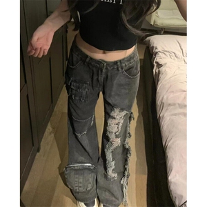 直筒破洞毛边牛仔裤男女春秋季宽松高腰阔腿工装裤 NT200图片