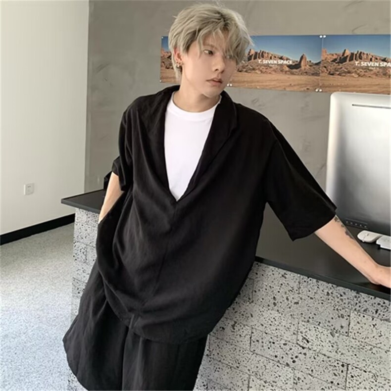 DP0616-P62假两件T恤2025新款装时尚撞色宽松款休闲印花短袖上衣,男装休闲套装,电商C233