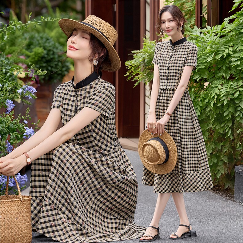 弹力面料学院风格纹连衣裙女春夏收腰显瘦中长裙格子裙子,女装连衣裙,水衣源