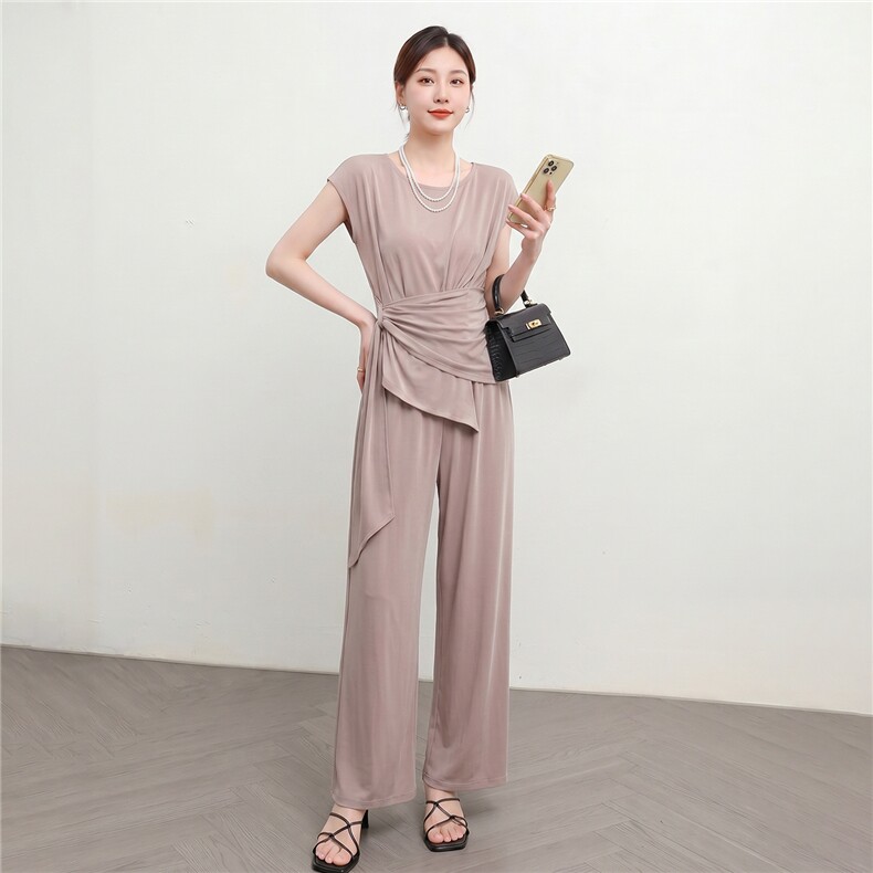 高端休闲时尚套装女夏季新款修身显瘦圆领系带短袖上衣长裤两件套，女装套装/套裙，江南