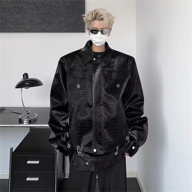 简约潮流气质鳄鱼纹垫肩皮衣情侣PU皮上衣原宿新款日系百搭时尚,男装皮衣,星座218-1（原230）