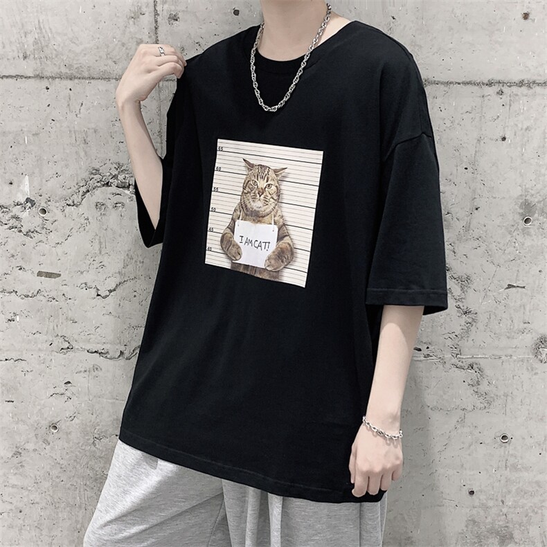 韩系素简卡通猫印花短袖T恤百搭大码宽松男潮517A-1-T916-P28控38,男装T恤,星座517A-1