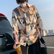 2026夏休闲水墨画冰丝凉感短袖五分袖半袖衬衫CS29/特P30卡其，男装衬衫，电商A094