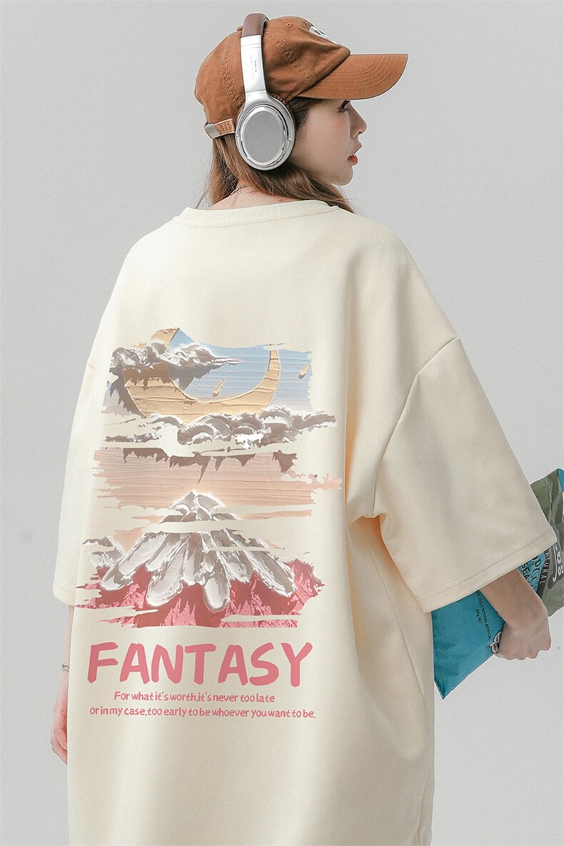 中性风夏季时尚复古百搭雪山印花纯棉宽松短袖T恤T6091P25控38,男装T恤,电商A268