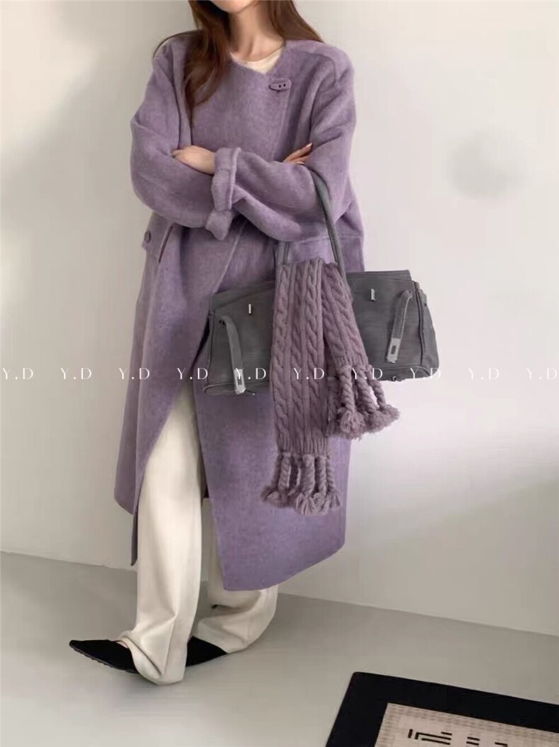【依嘟】2025秋冬新款搭围巾韩版宽松长款保暖羊毛外套(配针，女装双面呢大衣，依嘟服饰