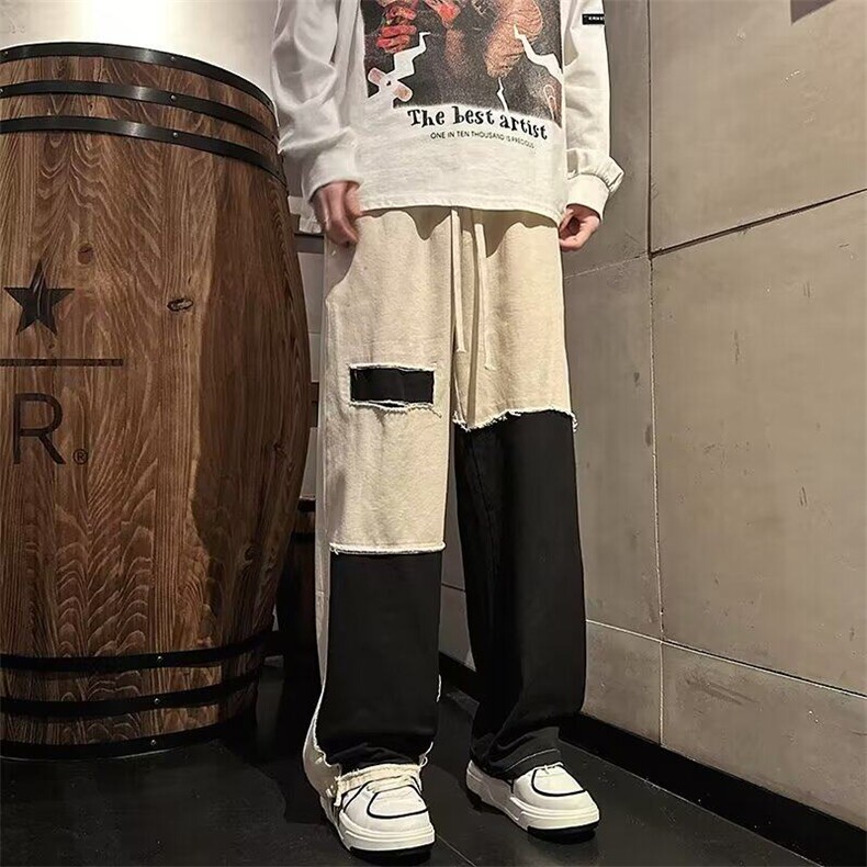 拼接撞色工装裤男复古直筒宽松阔腿裤高街潮流休闲长裤KK356-P45,男装工装外套,星座911-3