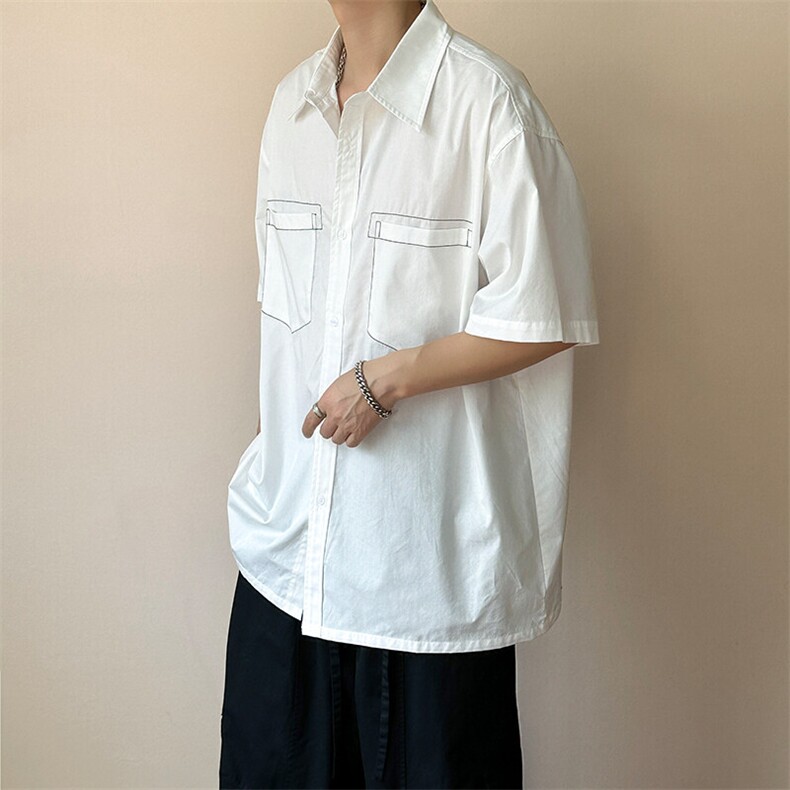 现货-夏季线条衬衫男宽松青少年时尚潮牌短袖衬衣-AC23005-P50图片
