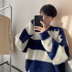 7334-P58条纹毛衣男宽松保暖针织衫外套2025冬季潮流情侣休闲，男装针织衫/毛衣，电商B323A