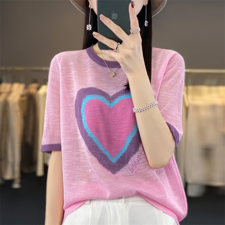 薄款针织衫夏新款竹节麻短袖上衣女爱心宽松减龄圆领亚麻拼色T恤,针织衫/毛衣,大美人包芯纱店