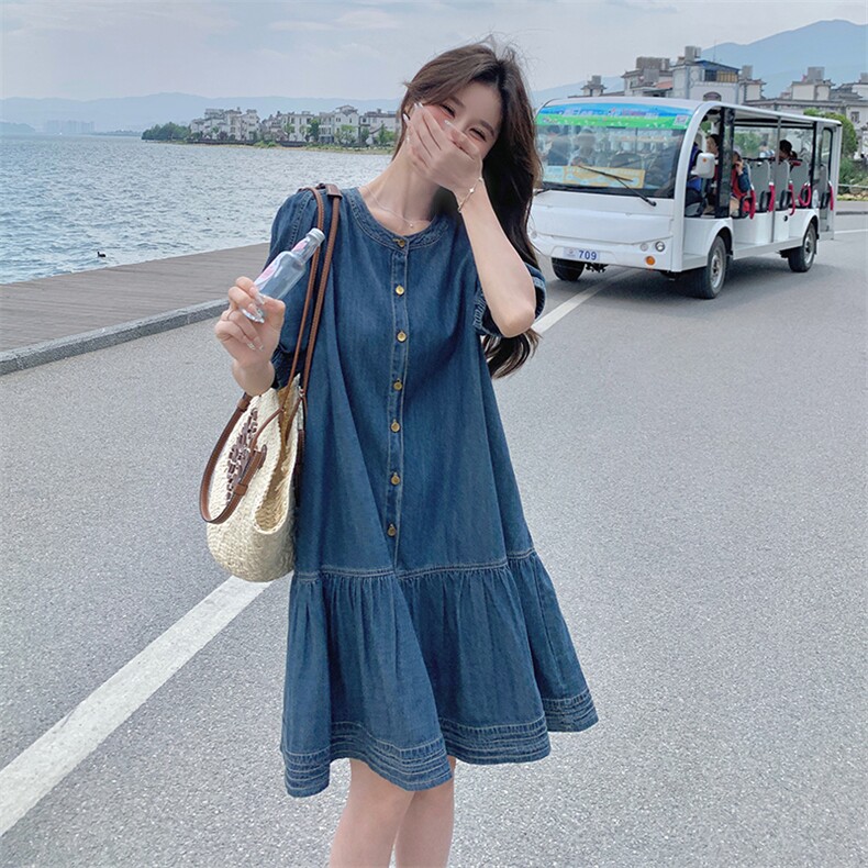 韩版复古牛仔连衣裙女2025夏季新款设计感小众休闲显瘦减龄中长裙,女装连衣裙,点滴