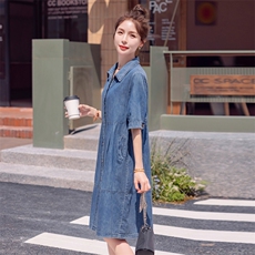 短袖牛仔连衣裙女2024夏季新款女装韩版时尚小翻领裙子大量现货，女装连衣裙，慧尚依恋