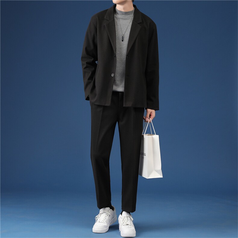 秋冬新款加绒加厚男士毛呢大衣套装三件套高级感港风男装两件套潮，男装西服套装，星座505-2（原电商A260-1)