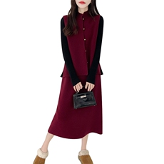 2024春秋新款宽松V领毛衣针织马甲裙两件套，女装套装/套裙，美雪羊绒