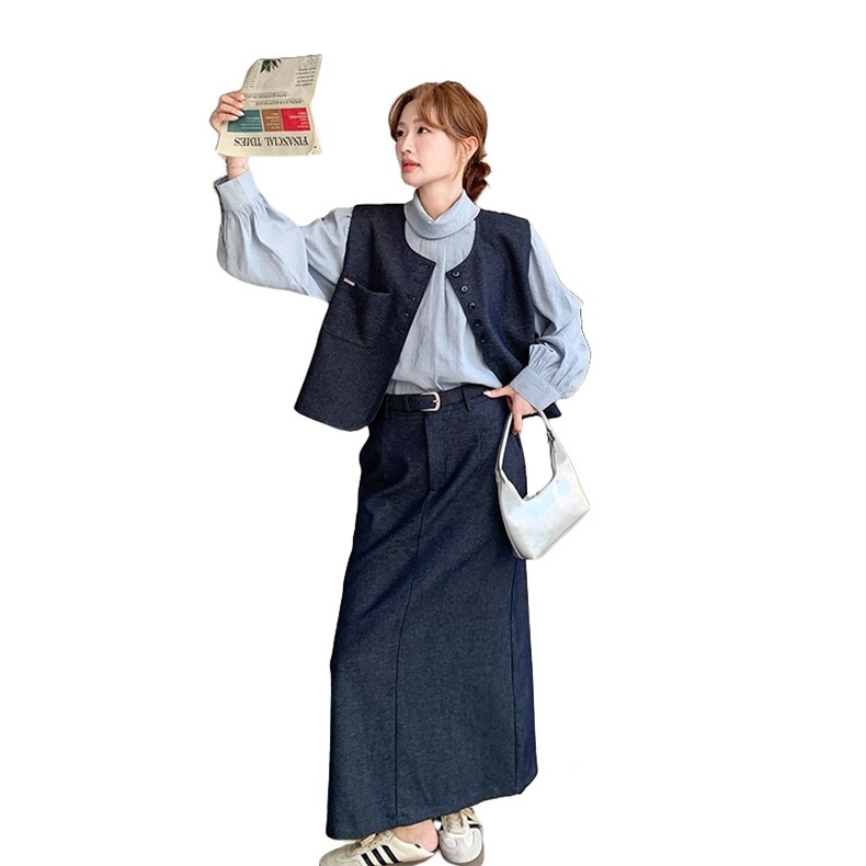 深蓝色马甲套装裙女2025秋季新款显瘦轻熟风长袖衬衫半身裙三件套,女装套装/套裙,2D035