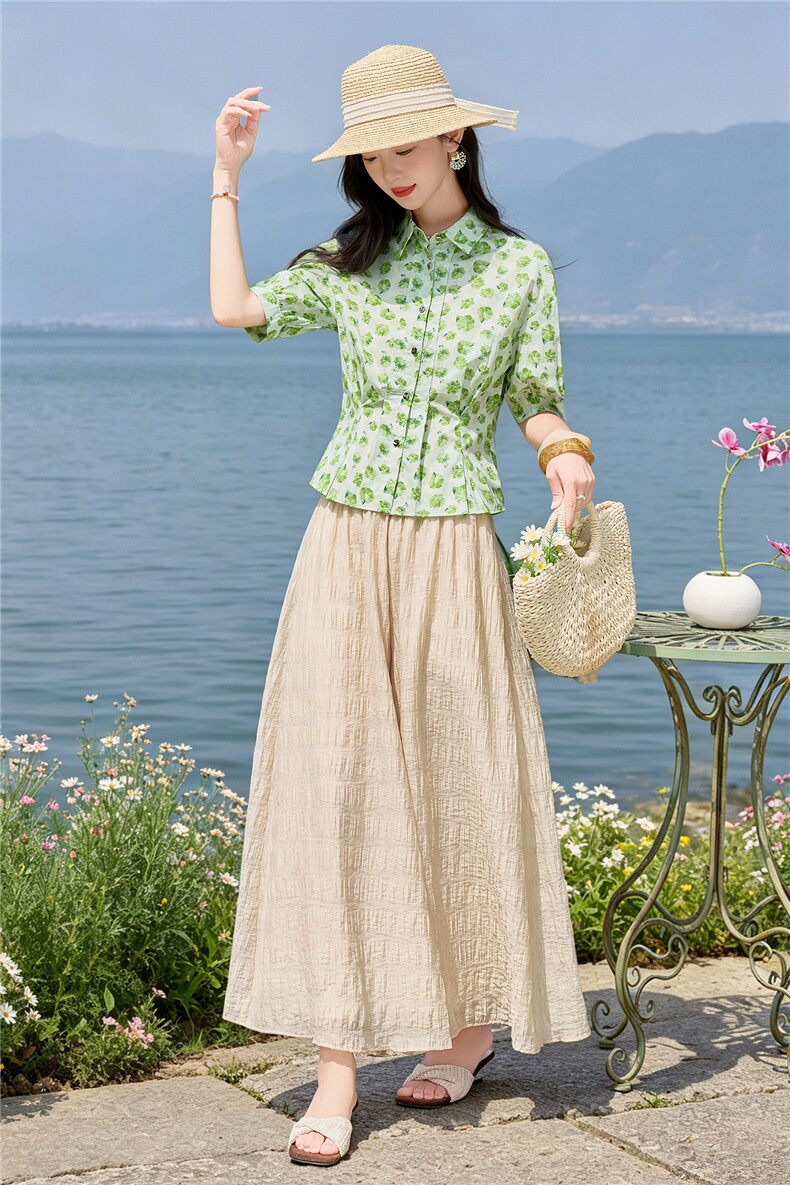高级感时尚套装女春夏短袖绿花衬衫减龄半身裙裤优雅两件套,女装套装/套裙,水衣源