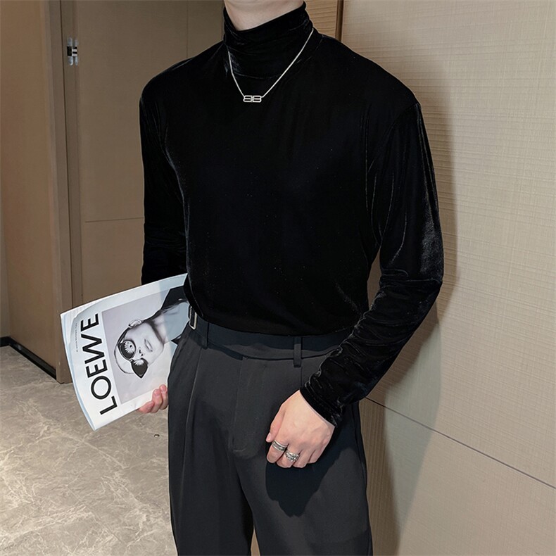 秋冬新款丝绒高领打底衫男修身金丝绒气质纯色长袖T恤TX1207-P40,男装T恤,电商B267
