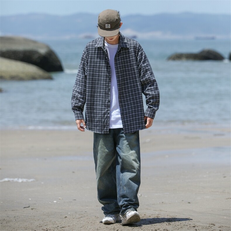 潮流格子衬衫男港风休闲长袖外套青少年男装2377P35图片