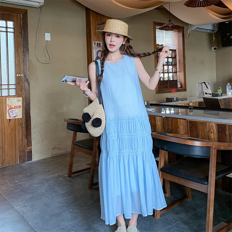 休闲风纯色无袖连衣裙女2025夏季新款韩版温柔风减龄宽松腰长裙,女装连衣裙,2D080