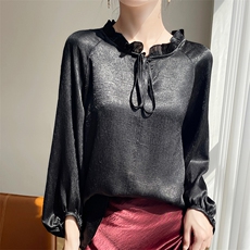 春秋缎面真丝长袖上衣女木耳领抽绳提花衬衫气质宽松灯笼袖打底衫，女装蕾丝衫/雪纺衫，圣丽羊绒