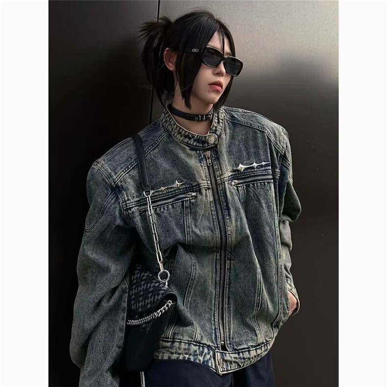 美式复古做旧水洗垫肩短款拼接牛仔外套潮牌金属设计感夹克男女,男装工装外套,星座1210-1