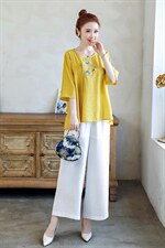 2021夏季新款文艺素雅复古刺绣休闲舒适棉麻两件套，女装套装/套裙，韩宇舍